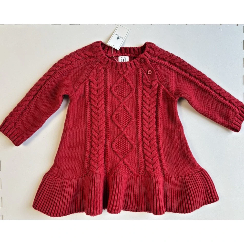 Nwt BABY GAP Girls Sweater Dress Christmas Winter Cable - Size 6-12 mos Red